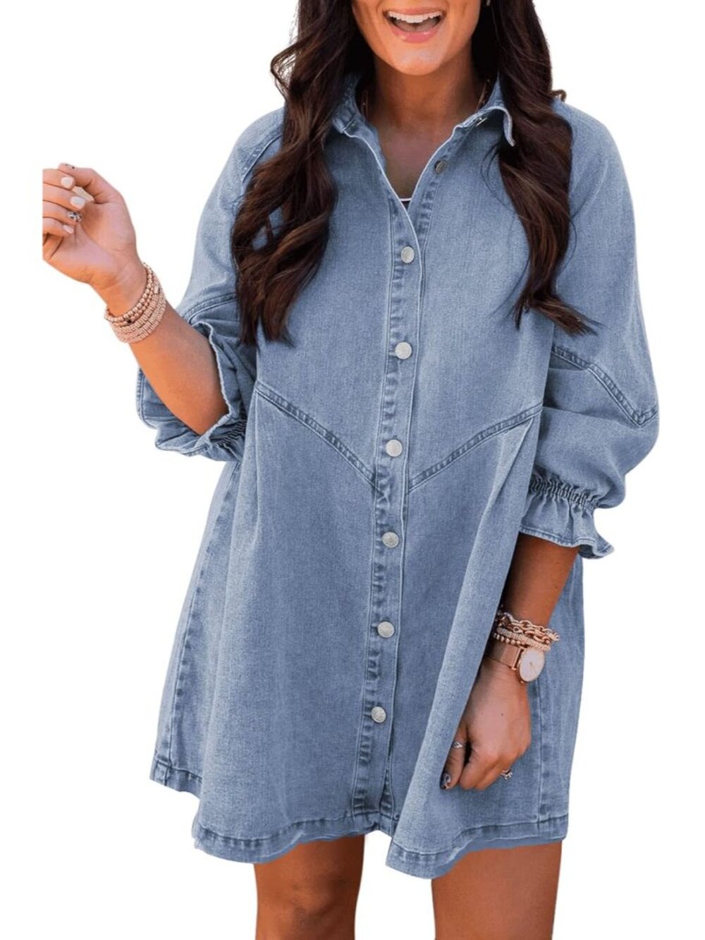 Womens Smocked 3 4 Sleeve Button Down Denim Jeans Dresses